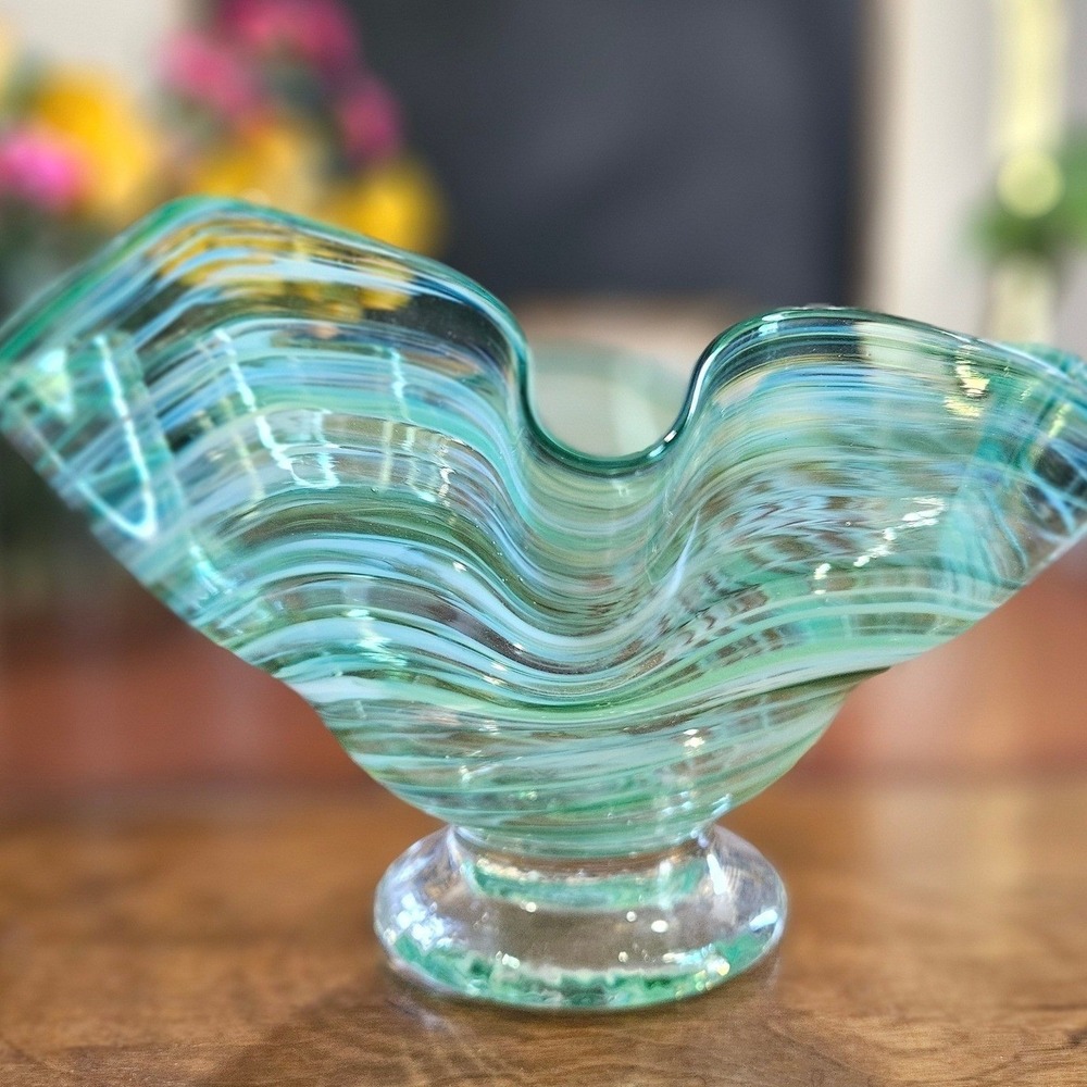 Hand Blown Art Glass Handkerchief Bowl Pedestal Aqua Green White Swirl Vase